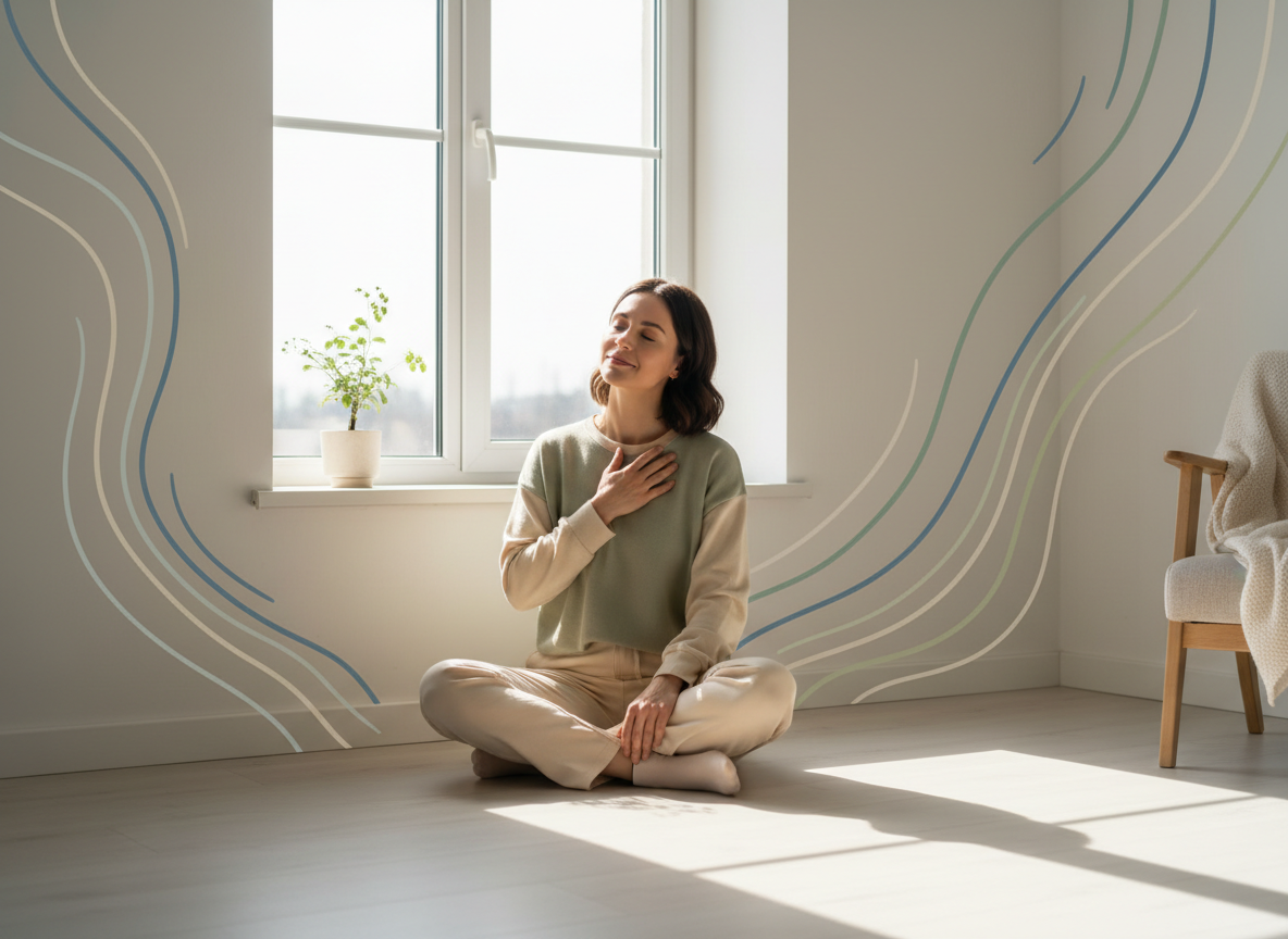 A warm, compassionate editorial feature image for a mental wellness resource page about understanding and working through anxiety. Show a calm person sitting near a sunlit window with gentle morning light, soft muted blue, sage, and warm cream tones, subtle abstract flowing lines suggesting nervous-system regulation and steady breathing, hopeful and grounded mood, modern professional wellness publication style, uncluttered composition with generous negative space, no text, no logos, no medical imagery, no crisis imagery.
