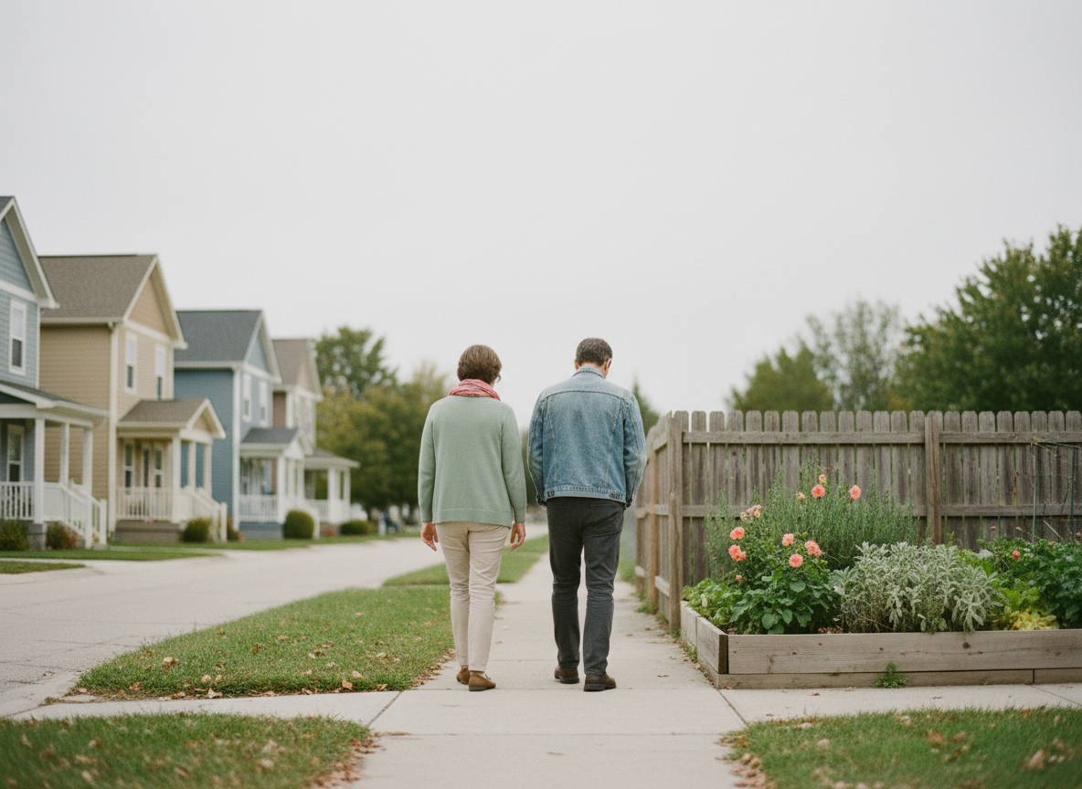 Create a distinctive editorial image for the book page “Walking Beside the Edge,” about walking through life alongside a loved one living with mental illness and suicidal tendencies. Show two adults walking side by side on an ordinary neighborhood sidewalk beside a quiet community garden, viewed from behind and at a respectful distance. The supportive loved one stays alongside—not leading, rescuing, or physically restraining—the person who is struggling. Convey patience, presence, dignity, and shared everyday life through natural body language and gentle proximity. No visible faces, no crisis scene, no hospital, no weapons, no text, no dramatic storm imagery, and no cliché sunrise. Use realistic documentary-style photography with soft overcast daylight, muted sage, denim blue, warm beige, and subtle coral accents. Landscape composition with generous negative space for page text; clearly different from wooded trails, shorelines, military imagery, and generic stock portraits.
