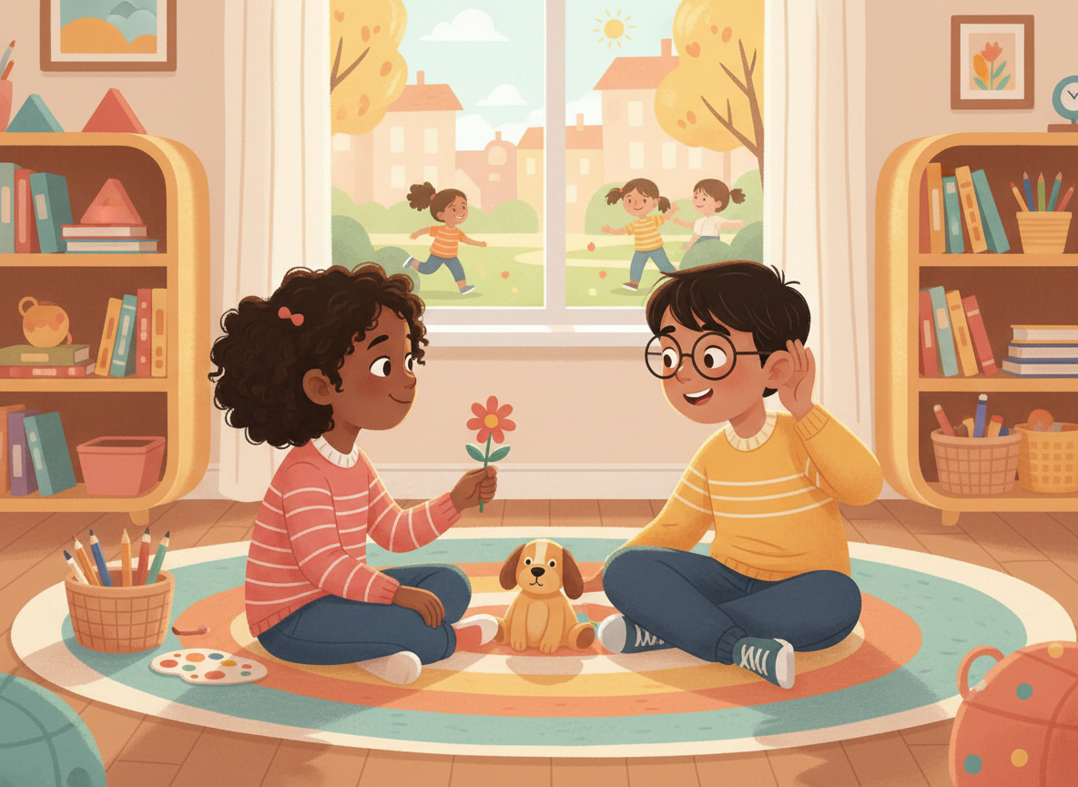 A warm, child-friendly editorial illustration for the children's book page “What Makes a Good Friend?”. Show two diverse children sitting together and sharing a kind moment in a bright school or neighborhood setting, with gentle expressions, inclusive friendship, listening, kindness, and belonging. Soft hopeful colors, polished picture-book style, welcoming and emotionally safe. No text, no logos, no watermark.