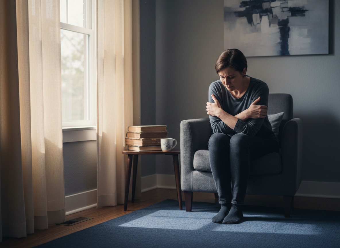 A professional, serious editorial feature image for the book and trauma resource page “When Home Hurts.” Show one adult sitting quietly in a dim, safe home interior near a window, with a lowered gaze, guarded posture, and emotional heaviness suggesting family conflict, separation, and trauma. Use muted navy, charcoal, warm ivory, and soft gray tones with restrained natural light. Convey vulnerability, reflection, and the possibility of safety without depicting graphic abuse, violence, self-harm, weapons, or sensational distress. No smiling, no cheerful family pose, no text, and no logos.