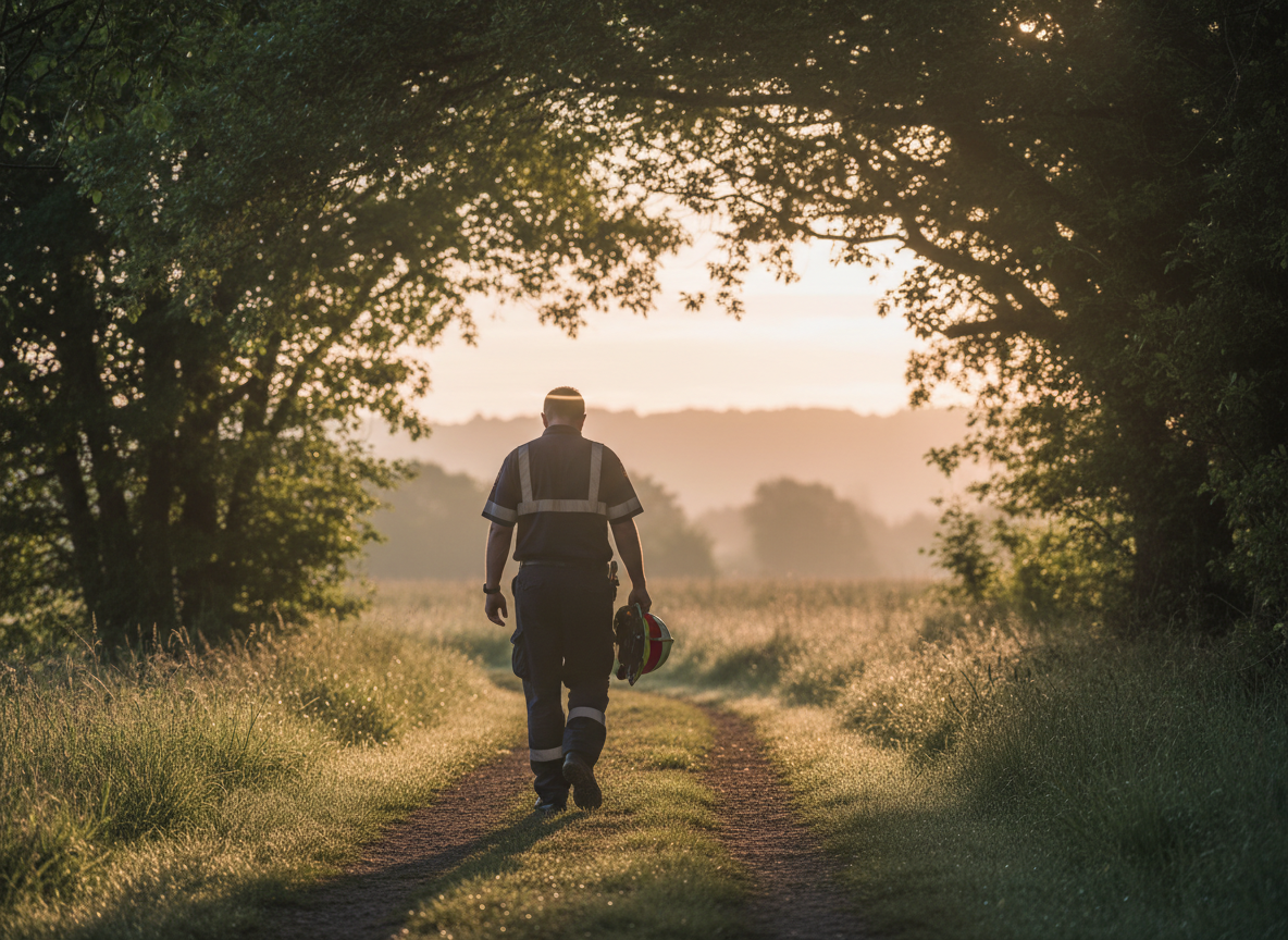 A calm, hopeful editorial image for an EMS mental wellness resource page: an emergency responder walking along a quiet path at sunrise after a difficult shift, reflective posture, gentle natural light, visual feeling of recovery and resilience, realistic photography, no logos, no readable text, non-graphic.