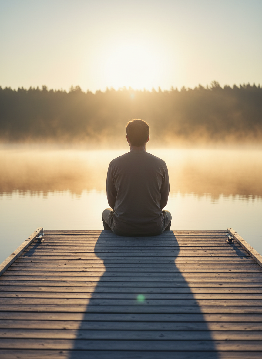 A realistic, professional editorial photograph for a book landing page about grief after suicide loss: a solitary person seen from behind sitting quietly on a wooden lakeside dock at sunrise, soft mist over calm water, warm golden light, subtle navy-blue shadows, peaceful and compassionate mood, no text, no logos, no identifiable face.